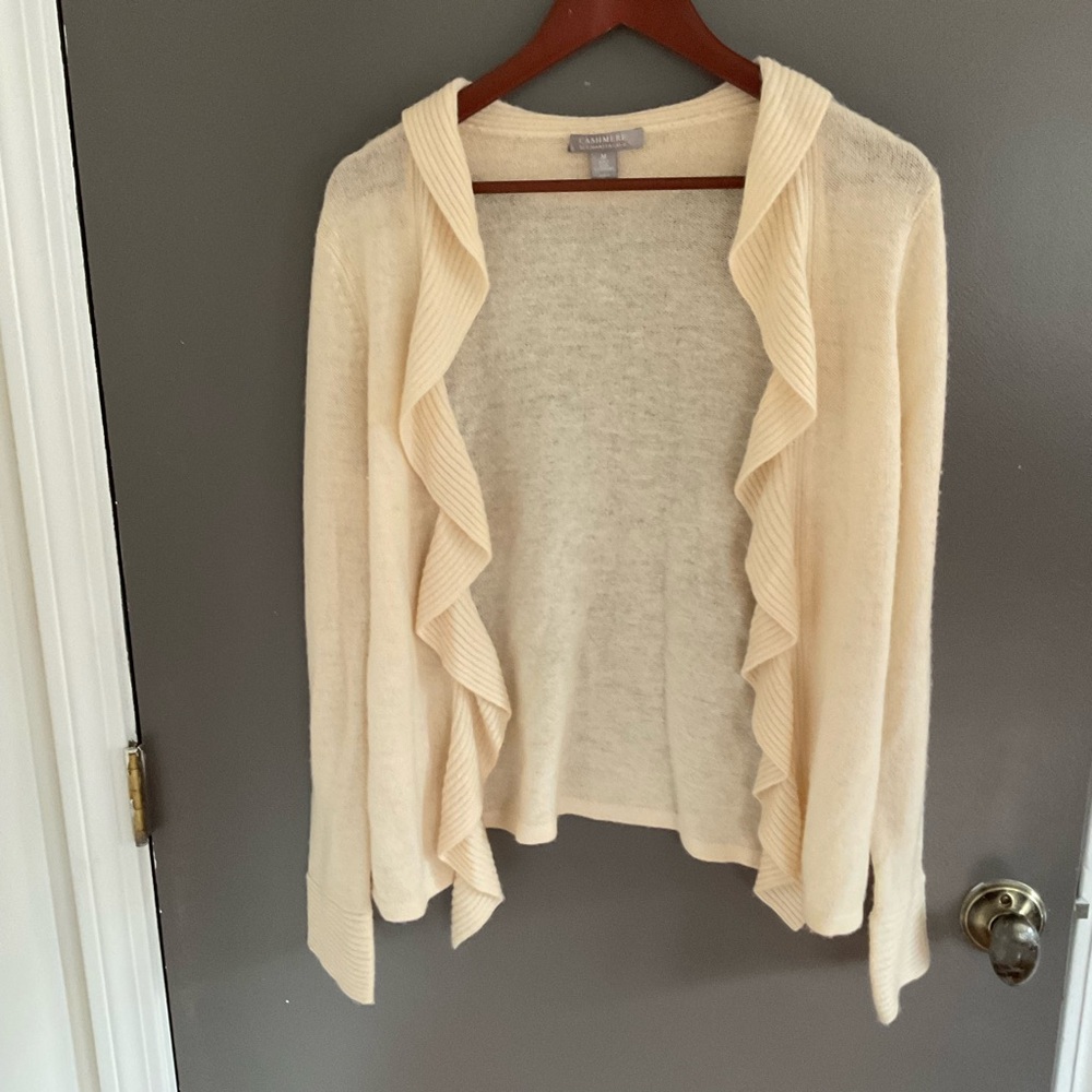 Charter Club Cashmere Ruffle Cardigan - Cream - M